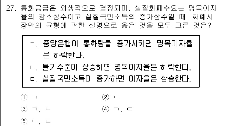 공인노무사_1차(경제학원론) 2024년 27번 - 정답 4번은 실질화폐수량이 명목화폐수량에 비례하여 결정된다고 설명합니다.... 에 관한 핵심 기출문제