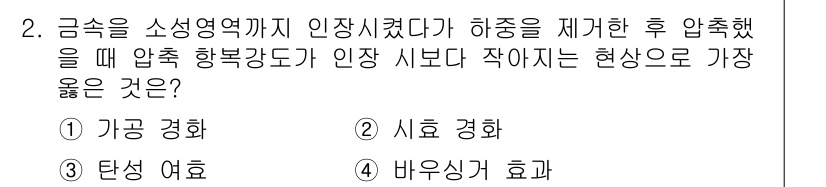 9급_지방직_공무원_서울시_기계일반 2023년 2번 - 정답은 4번 '바윗감기 효과'입니다. 금속의 소성 변형 후 압축하였을 때... 에 관한 핵심 기출문제