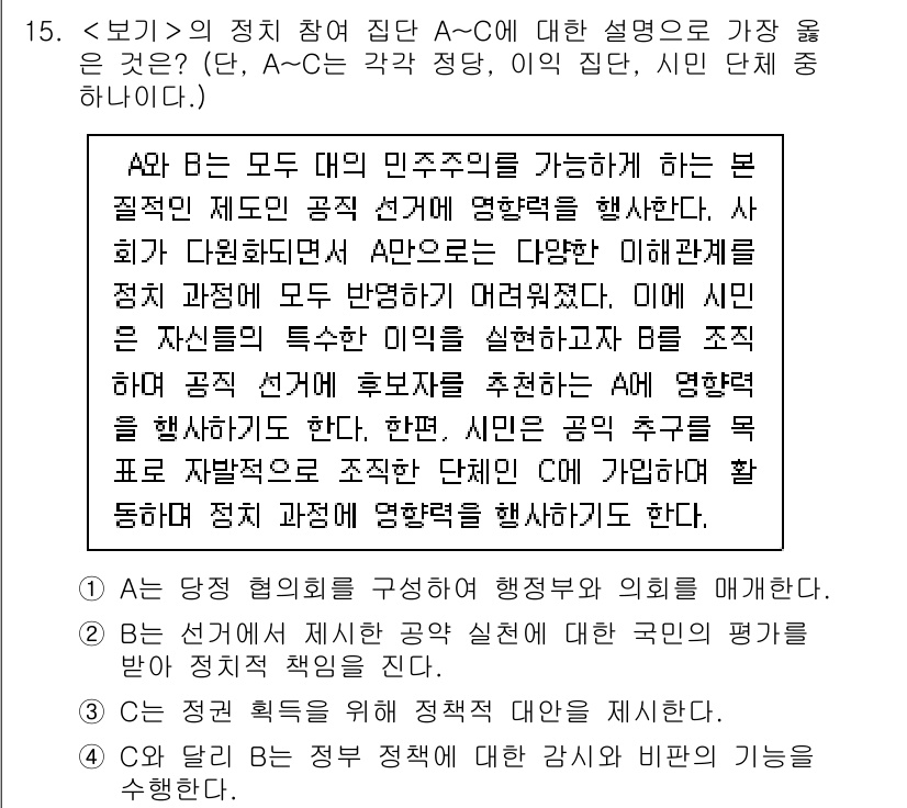 9급_지방직_공무원_서울시_사회(유공자) 2023년 15번 - 정답인 이유: A와 B는 공정한 선거를 통해 시민의 의사를 반영하는 민주... 에 관한 핵심 기출문제