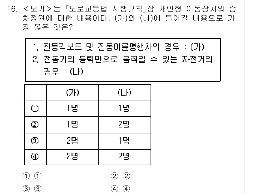 9급_지방직_공무원_서울시_자동차구조원리 2023년 16번 - 정답인 이유는 (가)에서 설명하는 전동킥보드와 전동기륜평행차의 승차 정원... 에 관한 핵심 기출문제