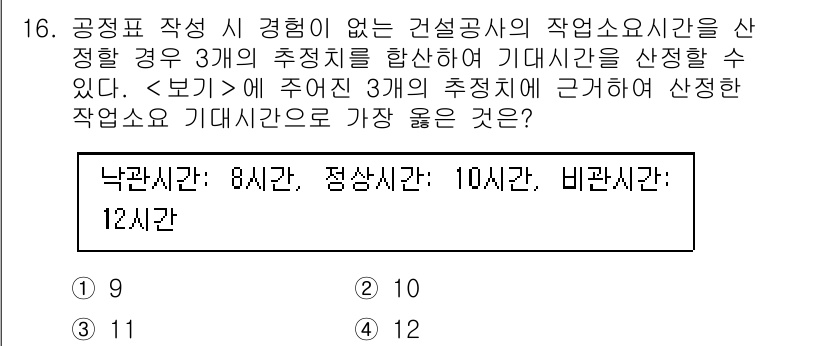 9급_지방직_공무원_서울시_조경학 2023년 16번 - 작업소요시간 분석에서 공정에 따른 추정치들은 다음의 의미를 갖습니다. 낙... 에 관한 핵심 기출문제