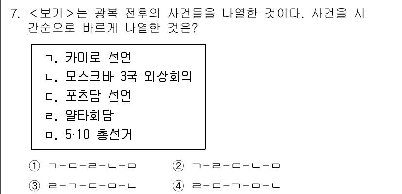 9급_지방직_공무원_서울시_한국사(유공자) 2023년 7번 - . 모스크바 3국 외상회의  
해설: 모스크바 3국 외상회의는 1945년... 에 관한 핵심 기출문제