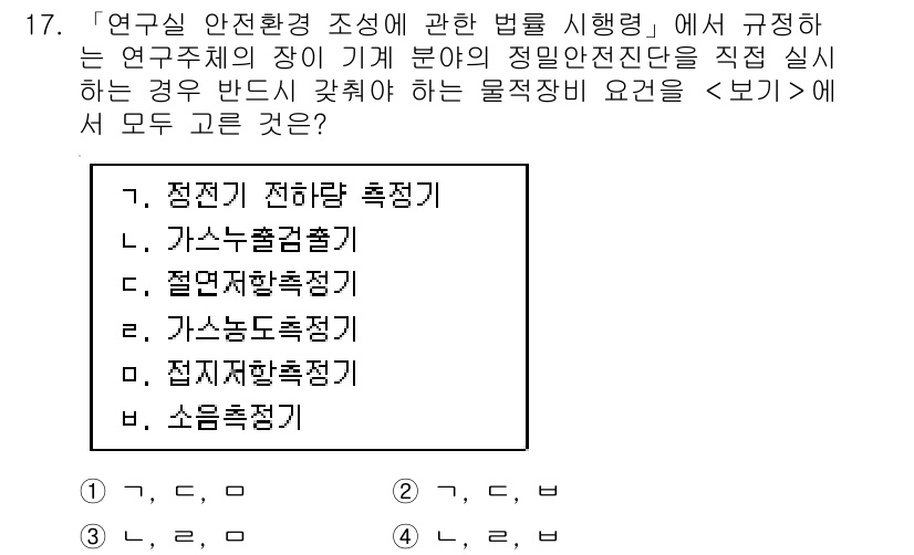 연구실안전관리사 2023년 17번 - 주어진 문항은 연구실 안전 관리의 법률에 따라 필요한 안전 관리 요소들을... 에 관한 핵심 기출문제