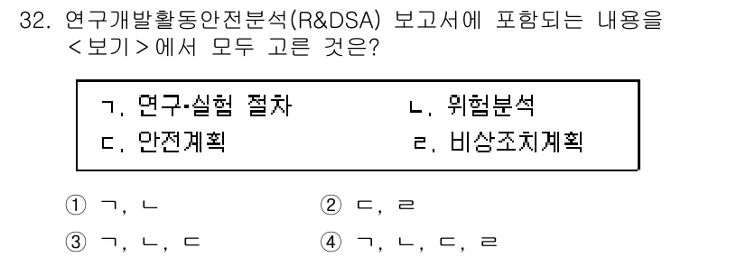 연구실안전관리사 2023년 32번 - 연구실활동안전분석(R&DSA) 보고서에는 연구실 출입과 안전 관리를 위한... 에 관한 핵심 기출문제