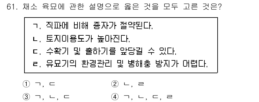 손해평가사 2024년 61번 - . 

해설: 채소 육묘에 대한 설명에서, "직면에 비해 종자가 절약된다... 에 관한 핵심 기출문제
