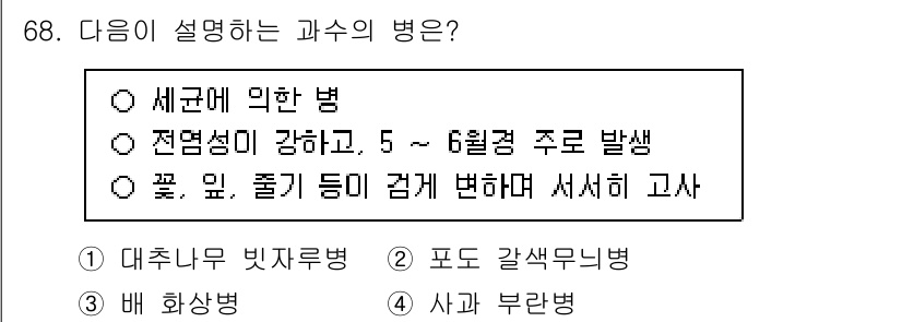 손해평가사 2024년 68번 - 정답은 3번 "사과 불란병"입니다. 이는 세균에 의해 발생하는 전염병으로... 에 관한 핵심 기출문제