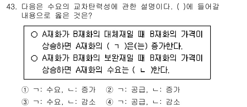 수산물품질관리사_1차 2024년 43번 - A 재화의 B 재화의 대체재일 때 B 재화의 가격이 상승하면 A 재화의 ... 에 관한 핵심 기출문제