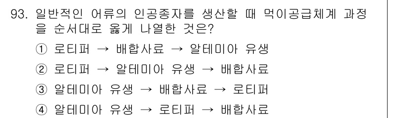 수산물품질관리사_1차 2024년 93번 - 일반적인 어류의 인공종자를 생산할 때는 배하사로부터 알데미아 유생, 그리... 에 관한 핵심 기출문제