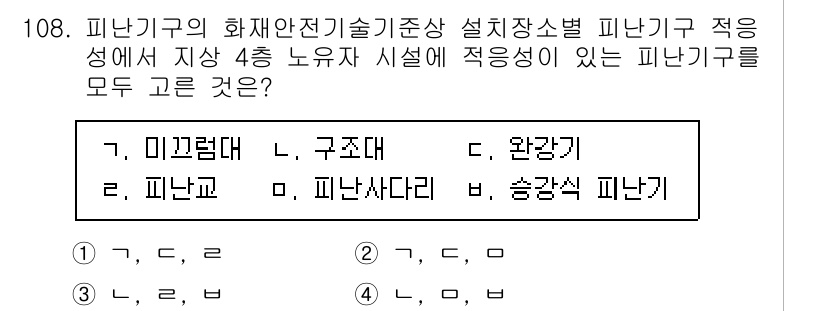 소방시설관리사 2024년 108번 - 미간접, 피난교, 피난스터와 같은 피난기구는 4층 이상의 건물에서 필수적... 에 관한 핵심 기출문제