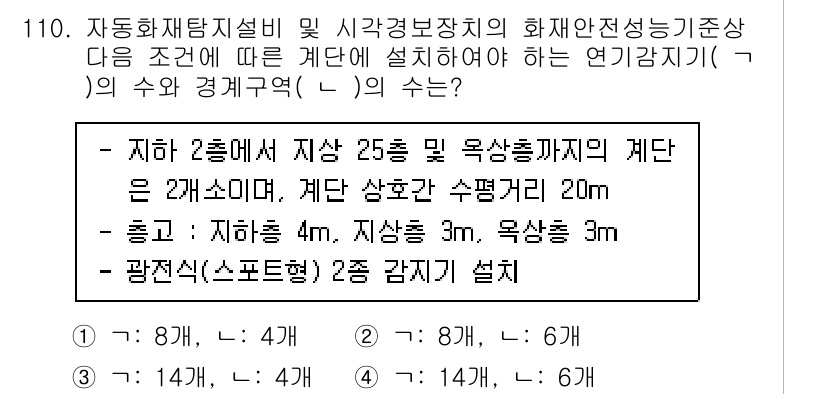 소방시설관리사 2024년 110번 - 정답이 4인 이유는 주어진 측면과 높이를 바탕으로 수조의 연기 감지기 감... 에 관한 핵심 기출문제