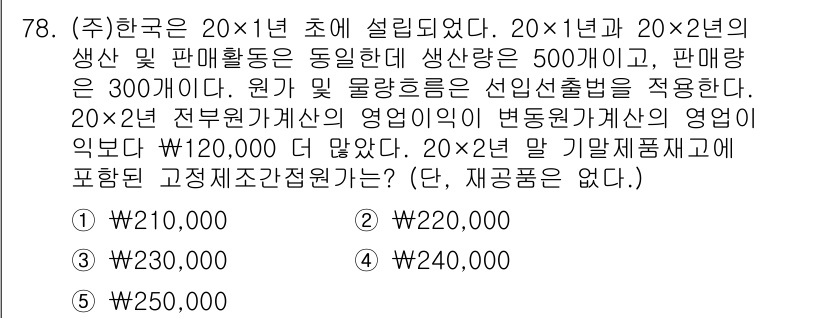 주택관리사보_1차 2024년 78번 - 문제에서 20×1년과 20×2년의 생산 및 판매 활동이 동일하며, 생산량... 에 관한 핵심 기출문제