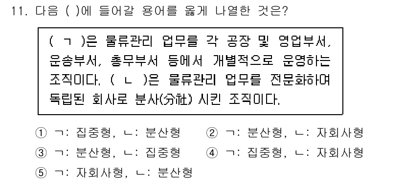 물류관리사_1교시 2024년 11번 - 물류관리 업무는 다양한 공정 및 활동을 조정하여 효율적으로 운영하기 위한... 에 관한 핵심 기출문제