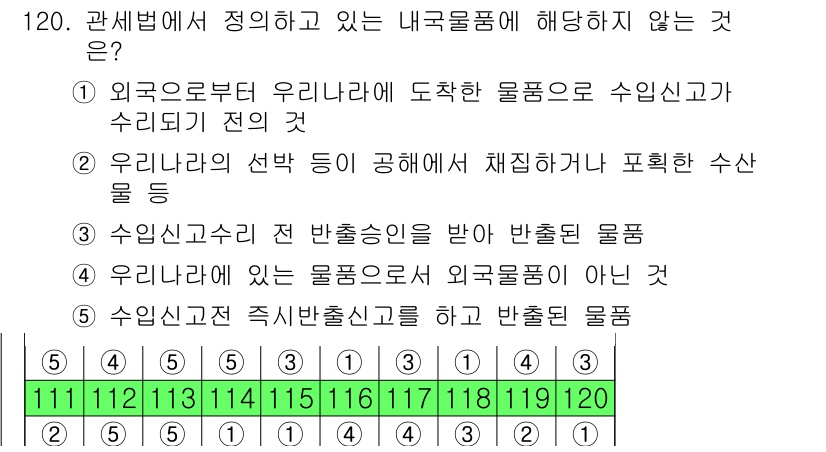 물류관리사_1교시 2024년 120번 - 정답인 이유: 외국물품은 한국의 세관 및 법률에 따라 보고되지 않는 경우... 에 관한 핵심 기출문제