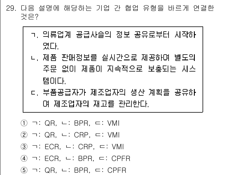 물류관리사_1교시 2024년 29번 - QR(Quick Response) 시스템은 물류업체와 제조업체 간의 정보... 에 관한 핵심 기출문제