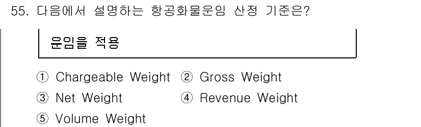 물류관리사_1교시 2024년 55번 - 항공 화물 운임 산정 기준에서 'Chargeable Weight'는 화물... 에 관한 핵심 기출문제