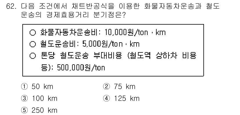 물류관리사_1교시 2024년 62번 - 정답 3번 (125㎞)인 이유는, 화물차 운송 비용과 철도운송 비용을 비... 에 관한 핵심 기출문제