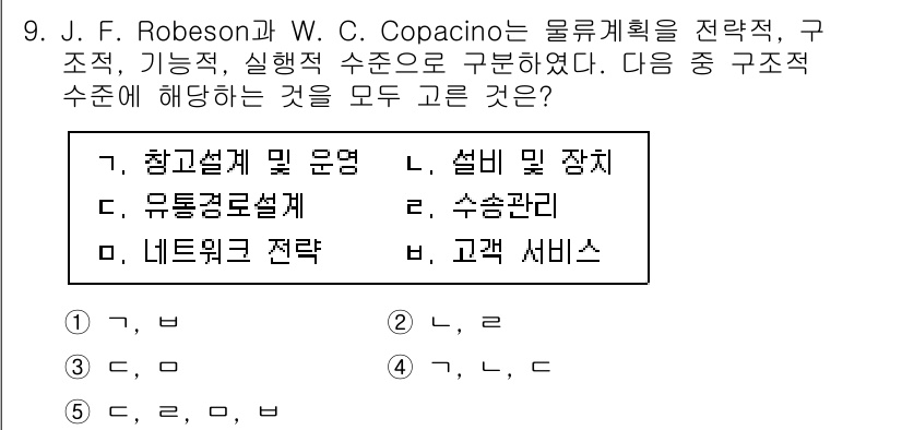 물류관리사_1교시 2024년 9번 - 정답은 3번, '조직 구조설계'입니다. 물류관리에서 조직 구조설계는 효율... 에 관한 핵심 기출문제
