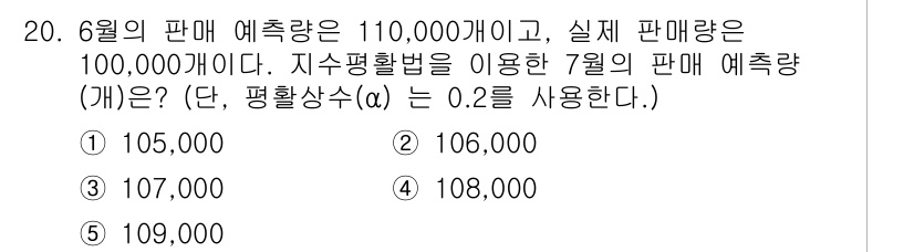 물류관리사_2교시 2024년 20번 - 7월의 판매 예측량은 지수평활법에 따라 이전 예측치와 실제 판매량을 활용... 에 관한 핵심 기출문제