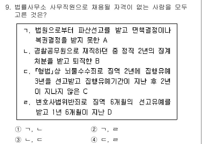 법조윤리 2024년 9번 - 법률사무소에서 채용될 자격이 없는 사람은 3년 이상 징계를 받은 경우로,... 에 관한 핵심 기출문제