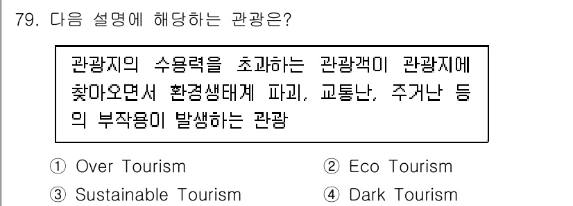 관광통역안내사_1교시(구) 2024년 79번 - . 

관광지의 수용력을 초과하여 관광객이 방문하는 현상을 의미합니다. ... 에 관한 핵심 기출문제