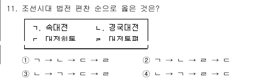 국내여행안내사_1차 2024년 11번 - .  
조선시대 법전인 '속대전'과 '경국대전'에서 편찬 순위는 법적 체... 에 관한 핵심 기출문제