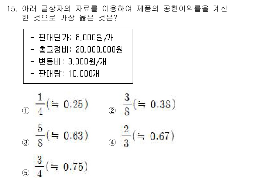 유통관리사_1급 2024년 15번 - 정답 3번이 가장 적절한 이유는, 총수익에서 총비용을 차감한 후 개당 이... 에 관한 핵심 기출문제