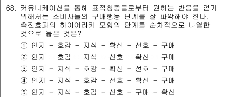 유통관리사_1급 2024년 69번 - 정답은 3번 "인지 – 호감 – 지식 – 선호 – 구매"입니다. 소비자의... 에 관한 핵심 기출문제