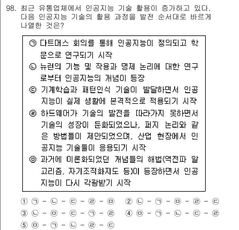 유통관리사_1급 2024년 99번 - 정답인 이유: 인공지능 기술이 유통 관리에 활용되면 효율성과 정확성을 개... 에 관한 핵심 기출문제