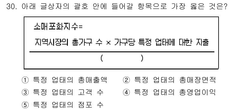 유통관리사_2급 2024년 30번 - 정답인 이유: 총매출액은 특정 업종의 총매출 × 지역 시장의 규모를 기반... 에 관한 핵심 기출문제