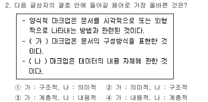 전자상거래운용사 2023년 2번 - 정답은 (가)입니다. 마크업은 문서의 구조를 정의하고 표현하는 방식으로,... 에 관한 핵심 기출문제