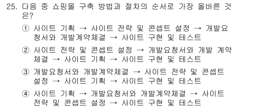 전자상거래운용사 2023년 25번 - 정답 3번은 쇼핑몰 구축 시 필요한 단계가 논리적이고 체계적으로 배열되어... 에 관한 핵심 기출문제