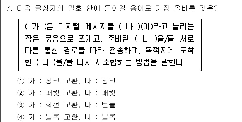 전자상거래운용사 2023년 7번 - . 패킷 교환은 네트워크에서 데이터를 작은 패킷으로 나누어 전송하는 방식... 에 관한 핵심 기출문제
