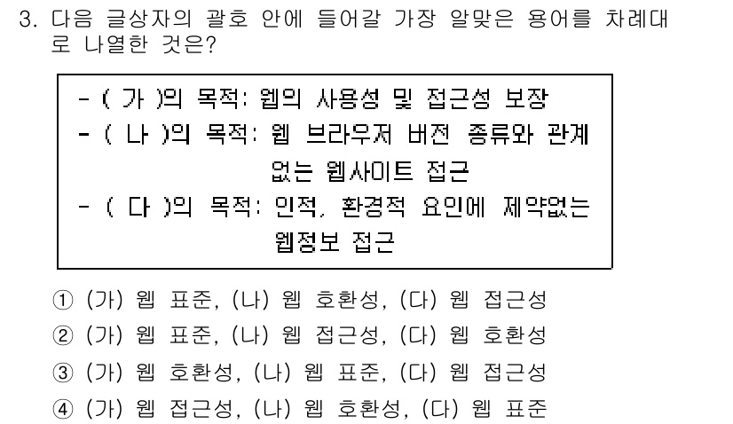 전자상거래운용사 2024년 3번 - (가)의 목적은 웹의 사용성과 관련된 요소를 포함하고 있으며, (나)와 ... 에 관한 핵심 기출문제