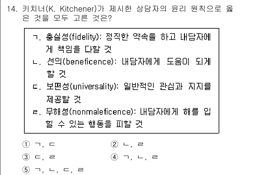 청소년상담사_1급(1교시)(구) 2024년 14번 - 키치너(K. Kitchener)의 상담자 윤리 원칙 중에서 4번 선택지는... 에 관한 핵심 기출문제