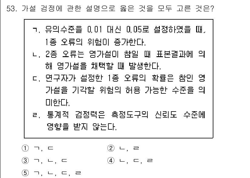 청소년상담사_1급(1교시)(구) 2024년 53번 - 유의 수준을 0.01로 설정하면, 이는 더 엄격한 기준을 적용하여 제1종... 에 관한 핵심 기출문제