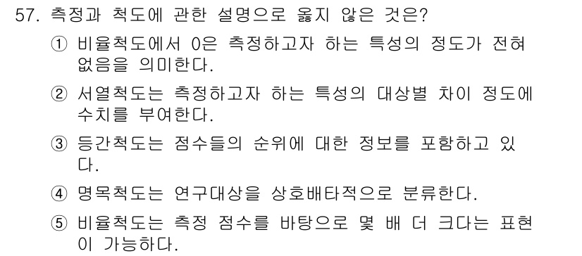 청소년상담사_1급(1교시)(구) 2024년 57번 - 서열척도는 특정한 대상을 순위로 나열하는 방식이지만, 수치적인 차이를 나... 에 관한 핵심 기출문제