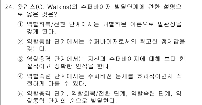 청소년상담사_1급(1교시) 2024년 24번 - 왓킨스(C. Watkins)의 수미비지 발달단계에 대한 설명은 4번이 옳... 에 관한 핵심 기출문제