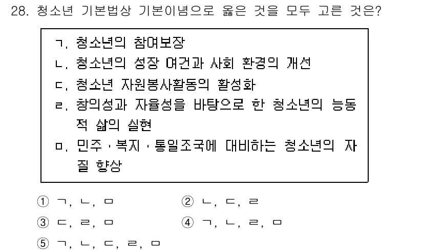 청소년상담사_1급(1교시) 2024년 28번 - 정답 4번은 청소년의 개인적 및 사회적 능력을 개발하기 위한 다양한 요소... 에 관한 핵심 기출문제