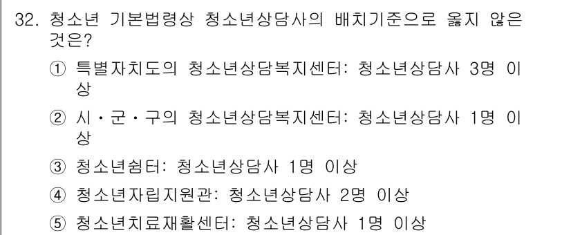 청소년상담사_1급(1교시) 2024년 32번 - . 청소년치료재활센터: 청소년상담사 1명 이상

해설: 청소년치료재활센터... 에 관한 핵심 기출문제