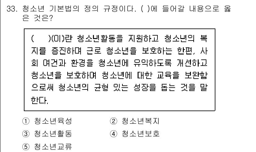 청소년상담사_1급(1교시) 2024년 33번 - 청소년 기본법의 정의에 따르면, 청소년 활동을 지원하고 청소년의 복지를 ... 에 관한 핵심 기출문제