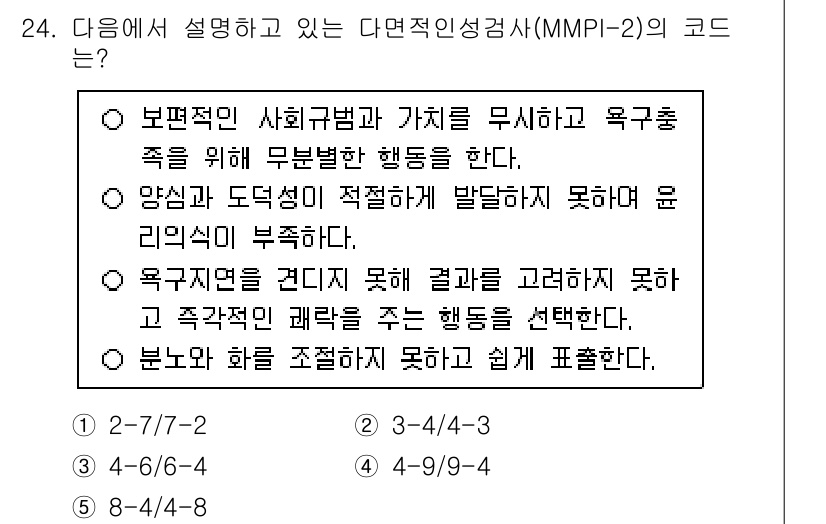 청소년상담사_1급(2교시)(구) 2024년 24번 - MMPI-2의 코드에서 '9'는 주로 심리적 고통이나 행동의 비조화성을 ... 에 관한 핵심 기출문제