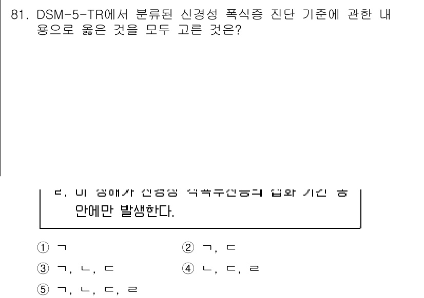 청소년상담사_1급(2교시)(구) 2024년 81번 - DSM-5-TR에서 분류된 신경성 폭식증 진단 기준은 특정한 행동 패턴과... 에 관한 핵심 기출문제
