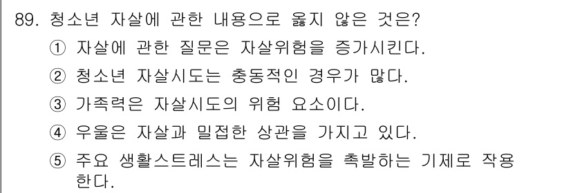 청소년상담사_1급(2교시)(구) 2024년 89번 - 3번 "가족력은 자살시도의 위험 요소이다."가 정답입니다. 가족력이 자살... 에 관한 핵심 기출문제