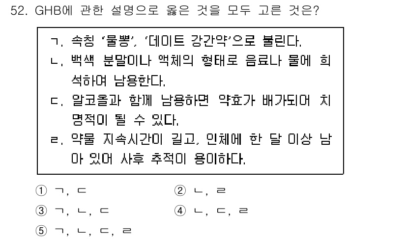 청소년상담사_1급(2교시) 2024년 52번 - GHB는 시너지 효과로 알코올과 함께 섭취될 때 중추신경계에 더욱 강력한... 에 관한 핵심 기출문제