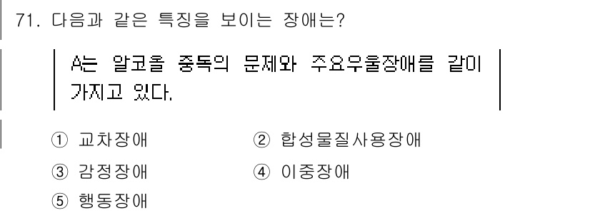 청소년상담사_1급(2교시) 2024년 71번 - 정답은 4번 '이중장애'입니다. 이중장애는 두 가지 이상의 장애가 동시에... 에 관한 핵심 기출문제
