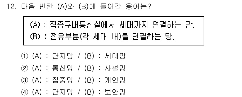 지능형홈관리사 2024년 12번 - . 

집중구내통신설비는 세대 간의 통신을 가능하게 하는 시스템으로, 세... 에 관한 핵심 기출문제