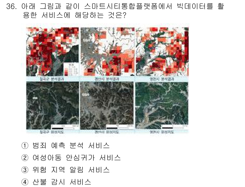 영상정보관리사 2024년 36번 - 정답은 4번 "산불 감시 서비스"입니다. 그림은 산불 감시와 관련된 데이... 에 관한 핵심 기출문제