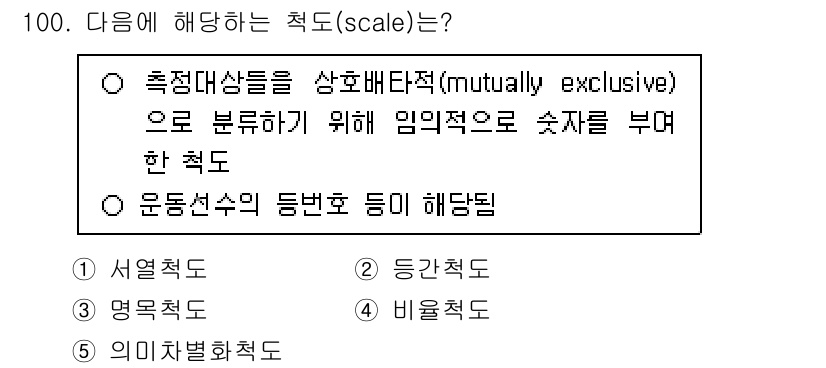가맹거래사 2025년 100번 - 해당 척도는 운동선수의 등번호를 서로 배타적으로 구분하기 위해 주어진 수... 에 관한 핵심 기출문제