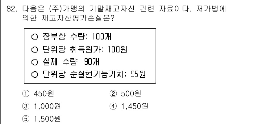 가맹거래사 2025년 82번 - 정답은 1번 450원이다. 가맹거래에서 재고자산 평가 시, 매출총액에서 ... 에 관한 핵심 기출문제