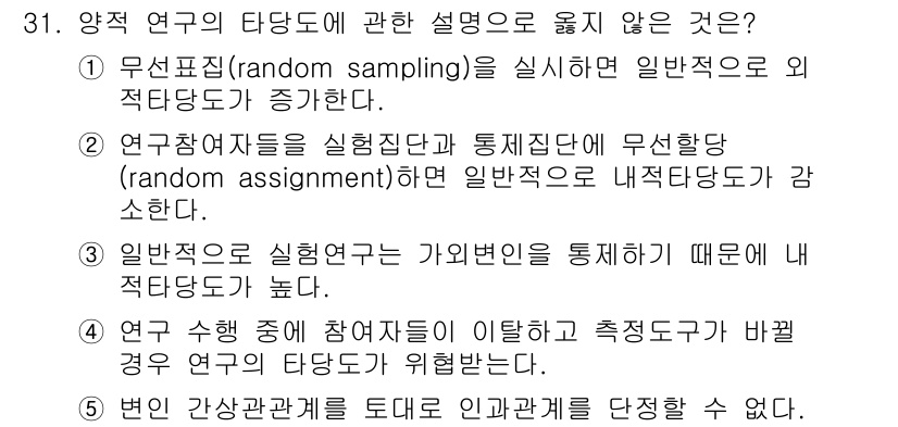 청소년상담사_2급(1교시)(구) 2024년 31번 - 연구의 타당도와 관련해 무작위 표본 추출(random sampling)과... 에 관한 핵심 기출문제